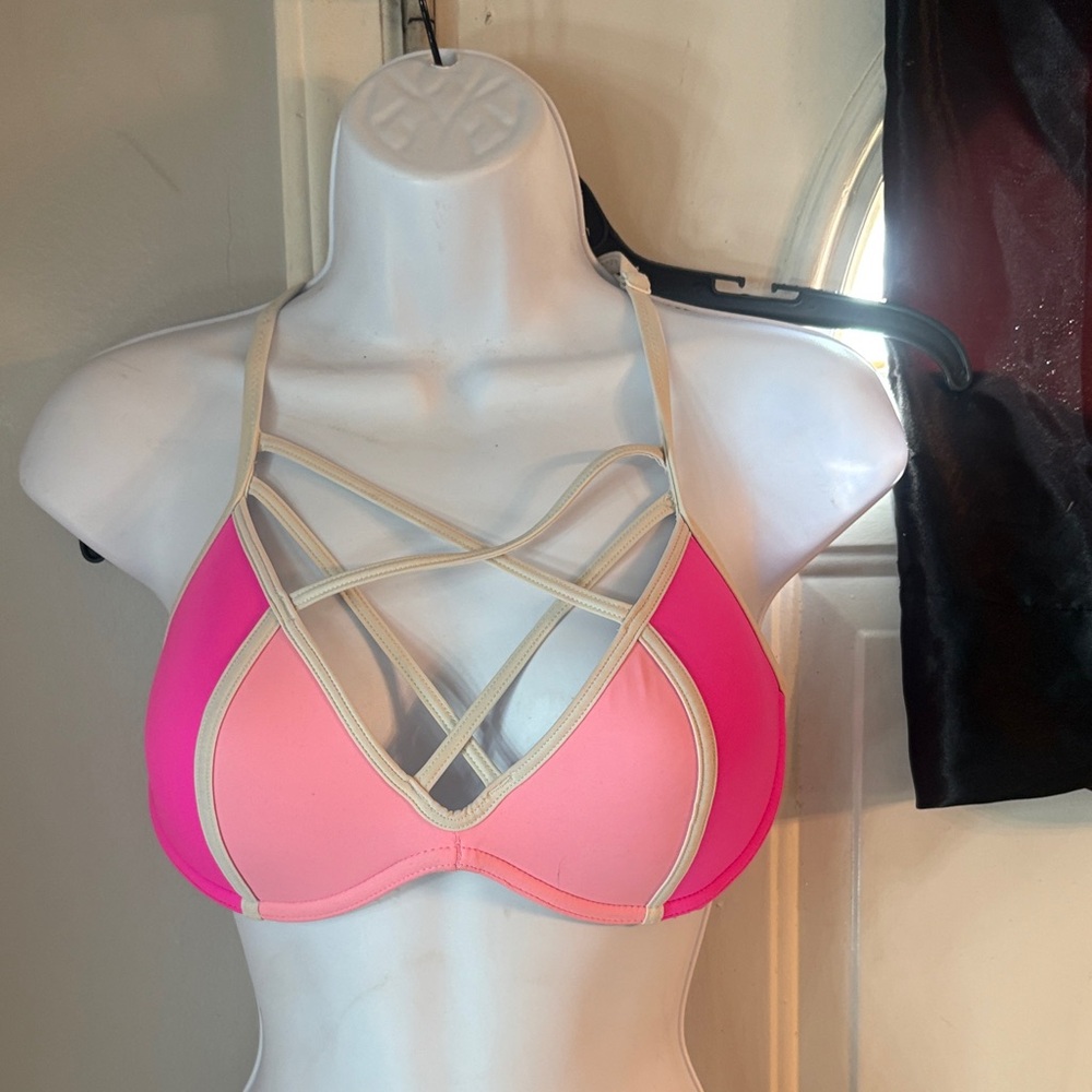 Victoria's Secret Pink & Hot Pink Strappy Bralette with Beige Trim